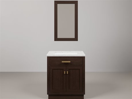 Water Creation Chestnut Single Sink Carrara White Marble Countertop Bath Vanity In Brown Oak with Satin Gold Hardware and Rectangular Mirror (S)