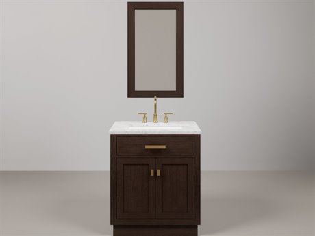 Water Creation Chestnut Single Sink Carrara White Marble Countertop Bath Vanity In Brown Oak with Satin Gold Hardware, Gooseneck Faucet and Rectangular Mirror (S)