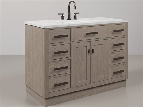 Water Creation Chestnut Single Sink Carrara White Marble Countertop Bath Vanity In Grey Oak with Oil Rubbed Bronze Hardware and Gooseneck Faucet