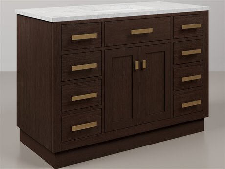 Water Creation Chestnut Single Sink Carrara White Marble Countertop Bath Vanity In Brown Oak with Satin Gold Hardware