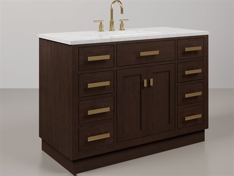 Water Creation Chestnut  Single Sink Carrara White Marble Countertop Bath Vanity In Brown Oak with Satin Gold Hardware and Gooseneck Faucet