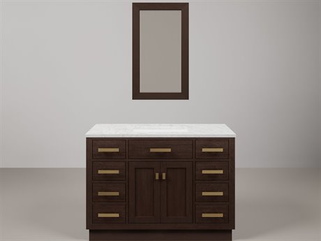 Water Creation Chestnut  Single Sink Carrara White Marble Countertop Bath Vanity In Brown Oak with Satin Gold Hardware and Rectangular Mirror (S)