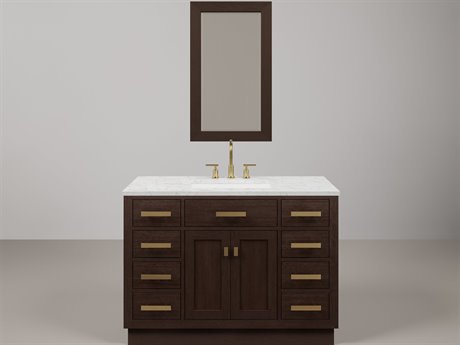 Water Creation Chestnu Single Sink Carrara White Marble Countertop Bath Vanity In Brown Oak with Satin Gold Hardware, Gooseneck Faucet and Rectangular Mirror (S)