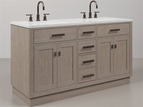 Water Creation Chestnut Double Sink Carrara White Marble Countertop Bath Vanity In Grey Oak with Oil Rubbed Bronze Hardware and Gooseneck Faucet