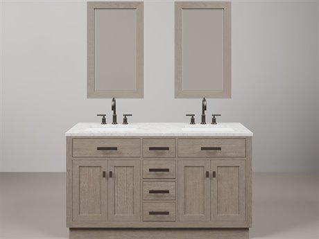 Water Creation Chestnut Double Sink Carrara White Marble Countertop Bath Vanity In Grey Oak with Oil Rubbed Bronze Hardware, Gooseneck Faucet and Rectangular Mirror (S)