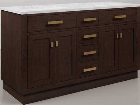 Water Creation Chestnut Double Sink Carrara White Marble Countertop Bath Vanity In Brown Oak with Satin Gold Hardware