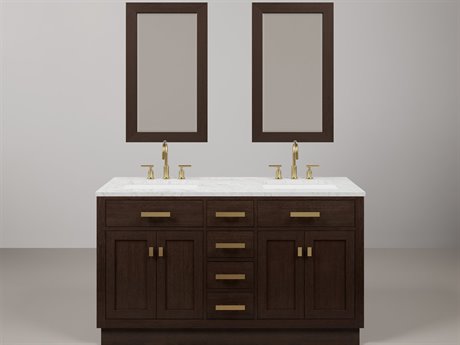 Water Creation Chestnut Double Sink Carrara White Marble Countertop Bath Vanity In Brown Oak with Satin Gold Hardware, Gooseneck Faucet and Rectangular Mirror (S)