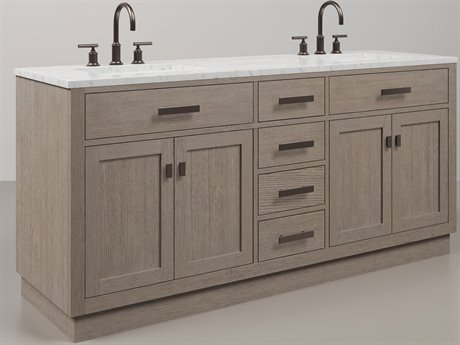 Water Creation Chestnut Double Sink Carrara White Marble Countertop Bath Vanity In Grey Oak with Oil Rubbed Bronze Hardware and Gooseneck Faucet