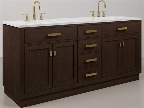 Water Creation Chestnut Double Sink Carrara White Marble Countertop Bath Vanity In Brown Oak with Satin Gold Hardware and Gooseneck Faucet