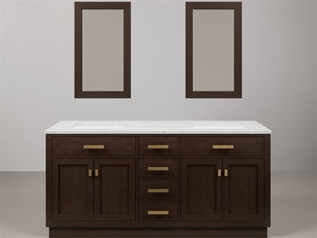 Water Creation Chestnut Double Sink Carrara White Marble Countertop Bath Vanity In Brown Oak with Satin Gold Hardware and Rectangular Mirror (S)