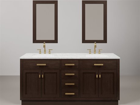 Water Creation Chestnut Double Sink Carrara White Marble Countertop Bath Vanity In Brown Oak with Satin Gold Hardware, Gooseneck Faucet and Rectangular Mirror (S)