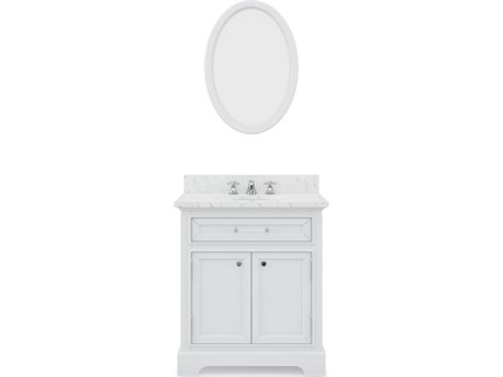 Water Creation Derby Single Sink Carrara White Marble Countertop Bath Vanity In Pure White with Chrome Classic Faucet and Oval Mirror (S)