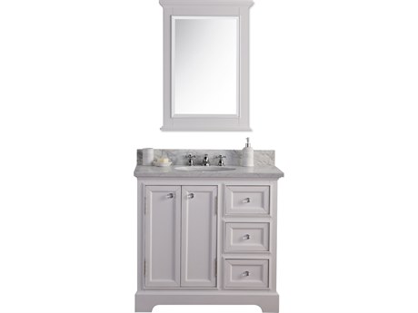 Water Creation Derby Single Sink Carrara White Marble Countertop Bath Vanity In Pure White with Chrome Classic Faucet and Country Cottage Style Mirror (S)