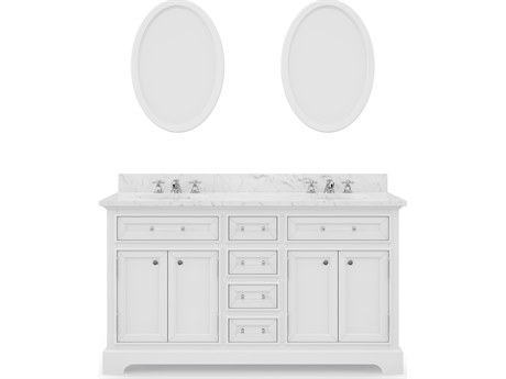 Water Creation Derby Double Sink Carrara White Marble Countertop Bath Vanity In Pure White with Chrome Classic Faucets and Oval Mirrors (S)