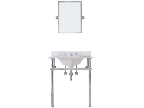 Water Creation Embassy Single Wash Stand, P-Trap, Carrara White Marble Countertop with Oval Basin, Classic Faucet and Rectangular Mirror in Chrome Finish