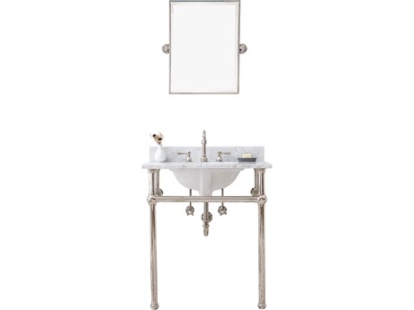 Water Creation Embassy Single Wash Stand, P-Trap, Carrara White Marble Countertop with Oval Basin, Hook Faucet and Rectangular Mirror in Polished Nickel Finish