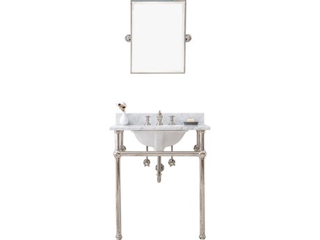 Water Creation Embassy Single Wash Stand, P-Trap, Carrara White Marble Countertop with Oval Basin, Waterfall Faucet and Rectangular Mirror in Polished Nickel Finish