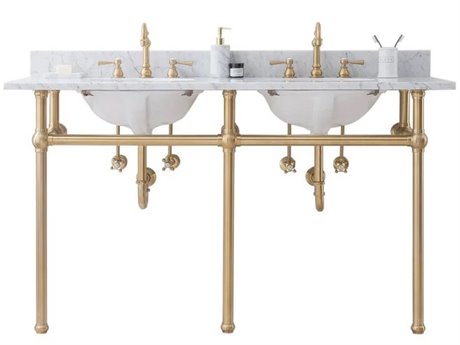 Water Creation Embassy Double Wash Stand, P-Trap, and Carrara White Marble Countertop with Oval Basins in Satin Gold Finish