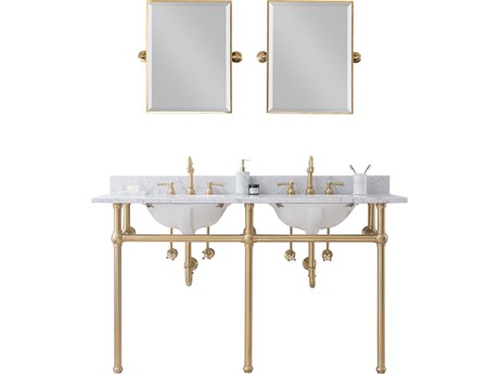 Water Creation Embassy Double Wash Stand, P-Trap, Carrara White Marble Countertop with Oval Basins, Hook Faucets and Rectangular Mirrors in Satin Gold Finish