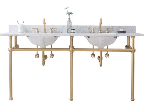 Water Creation Embassy Double Wash Stand, P-Trap, and Carrara White Marble Countertop with Oval Basins in Satin Gold Finish