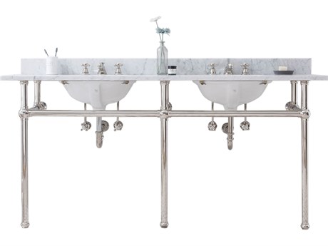 Water Creation Embassy Double Wash Stand, P-Trap, Carrara White Marble Countertop with Oval Basins, and Classic Faucets in Polished Nickel Finish