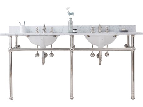 Water Creation Embassy Double Wash Stand, P-Trap, Carrara White Marble Countertop with Oval Basins, and Waterfall Faucets in Polished Nickel (PVD) Finish