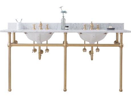 Water Creation Embassy Double Wash Stand, P-Trap, Carrara White Marble Countertop with Oval Basins, and Waterfall Faucets in Satin Gold Finish