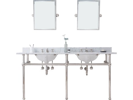 Water Creation Embassy Double Wash Stand, P-Trap, Carrara White Marble Countertop with Oval Basins, Classic Faucets and Rectangular Pivot Mirrors in Polished Nickel Finish