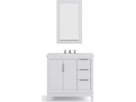 Water Creation Elizabeth Single Sink Carrara White Marble Countertop Bath Vanity In Pure White With Brushed Silver Hardware, Chrome Classic Faucet and Rectangular Mirror