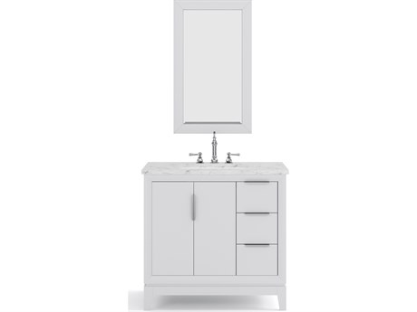 Water Creation Elizabeth Single Sink Carrara White Marble Countertop Bath Vanity In Pure White With Brushed Silver Hardware, Chrome Hook Faucet and Rectangular Mirror