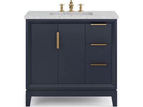Water Creation Elizabeth Single Sink Carrara White Marble Countertop Bath Vanity In Monarch Blue With Satin Gold Hardware and Waterfall Faucet