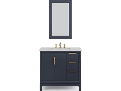 Water Creation Elizabeth Single Sink Carrara White Marble Countertop Bath Vanity In Monarch Blue With Satin Gold Hardware and Rectangular Mirror (S)