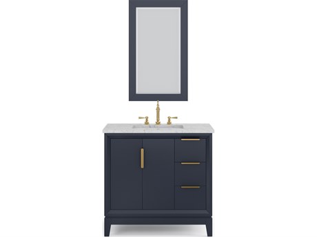 Water Creation Elizabeth Single Sink Carrara White Marble Countertop Bath Vanity In Monarch Blue With Satin Gold Hardware, Hook Faucet and Rectangular Mirror (S)