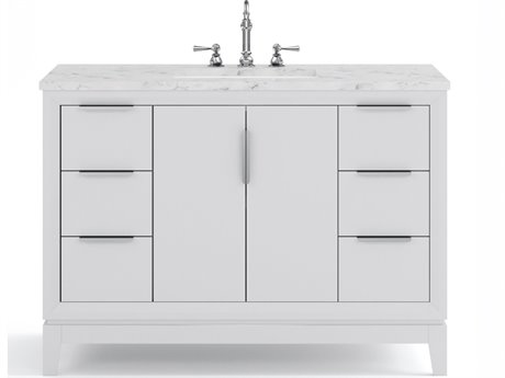Water Creation Elizabeth  Single Sink Carrara White Marble Countertop Bath Vanity In Pure White With Brushed Silver Hardware and Chrome Hook Faucet