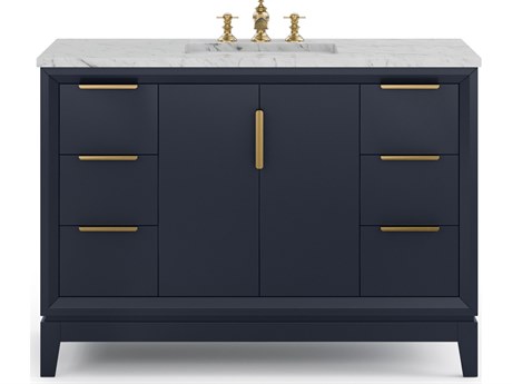 Water Creation Elizabeth Single Sink Carrara White Marble Countertop Bath Vanity In Monarch Blue With Satin Gold Hardware and Waterfall Faucet