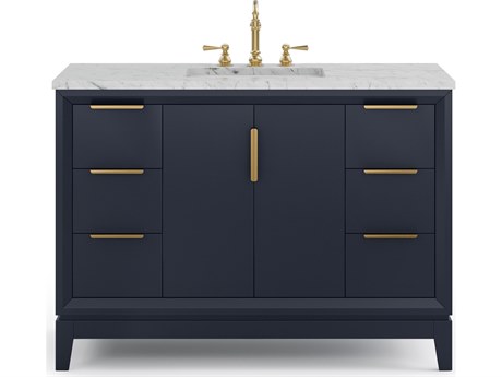 Water Creation Elizabeth Single Sink Carrara White Marble Countertop Bath Vanity In Monarch Blue With Satin Gold Hardware and Hook Faucet