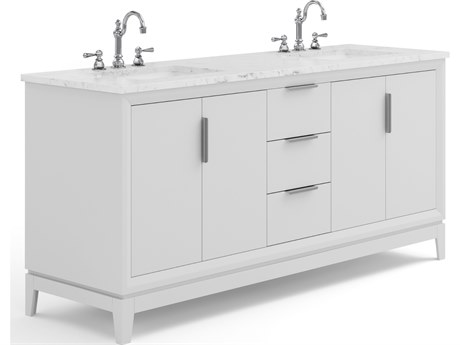 Water Creation Elizabeth Double Sink Carrara White Marble Countertop Bath Vanity In Pure White With Brushed Silver Hardware and Chrome Hook Faucet