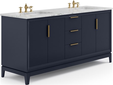 Water Creation Elizabeth Double Sink Carrara White Marble Countertop Bath Vanity In Monarch Blue With Satin Gold Hardware and Waterfall Faucet