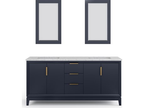 Water Creation Elizabeth Double Sink Carrara White Marble Countertop Bath Vanity In Monarch Blue With Satin Gold Hardware and Rectangular Mirror (S)