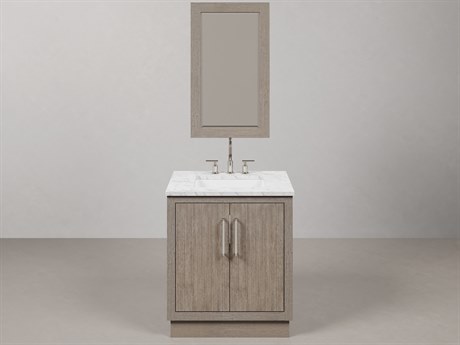 Water Creation Hugo Single Sink Carrara White Marble Countertop Bath Vanity in Grey Oak with Chrome Hardware, Gooseneck Faucet and Rectangular Mirror (S)