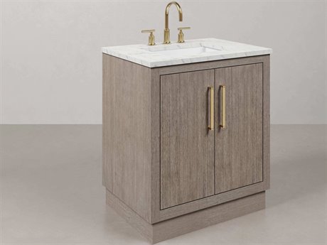 Water Creation Hugo Vanity in Grey Oak with Satin Gold Hardware and Hook Faucet
