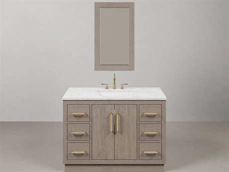 Water Creation Hugo Vanity in Grey Oak with Satin Gold Hardware, Hook Faucet and Rectangular Mirror (S)