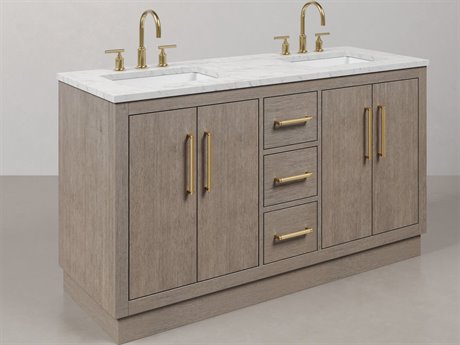 Water Creation Hugo Vanity  in Grey Oak with Satin Gold Hardware and Gooseneck Faucets