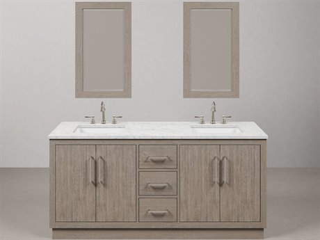 Water Creation Hugo Double Sink Carrara White Marble Countertop Bath Vanity in Grey Oak with Chrome Hardware, Hook Faucets and Rectangular Mirrors (S)