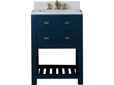 Water Creation Madalyn Single Sink Carrara White Marble Countertop Bath Vanity in Monarch Blue with Satin Gold Waterfall Faucet