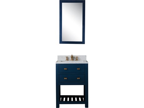 Water Creation Madalyn Single Sink Carrara White Marble Countertop Bath Vanity in Monarch Blue with Satin Gold Waterfall Faucet and Rectangular Mirror (S)