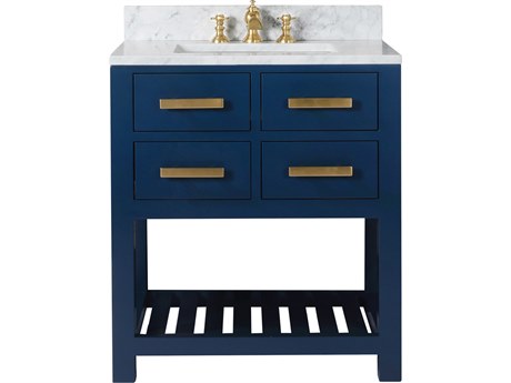 Water Creation Madalyn Single Sink Carrara White Marble Countertop Bath Vanity in Monarch Blue with Satin Gold Waterfall Faucet