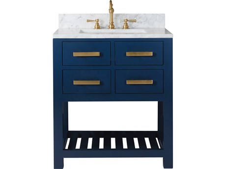 Water Creation Madalyn Single Sink Carrara White Marble Countertop Bath Vanity in Monarch Blue with Satin Gold Hook Faucet