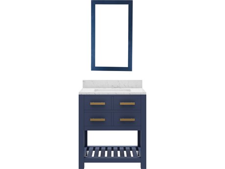 Water Creation Madalyn Single Sink Carrara White Marble Countertop Bath Vanity in Monarch Blue with Rectangular Mirror (S)