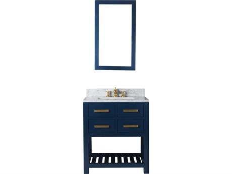 Water Creation Madalyn Single Sink Carrara White Marble Countertop Bath Vanity in Monarch Blue with Satin Gold Waterfall Faucet and Rectangular Mirror (S)